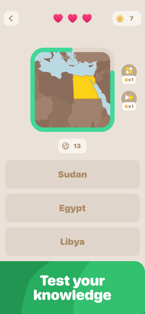 Country Quest: Guess Countries - Una pantalla de cuestionario de geografía de Country Quest que muestra un mapa resaltado de Egipto con opciones múltiples para Sudán, Egipto y Libia.