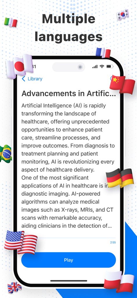 Transcribe – Speech to Text - さまざまな国旗とiPhone画面上のテキスト文字起こしを備えた多言語サポートが表示されるTranscribeアプリインターフェイス。