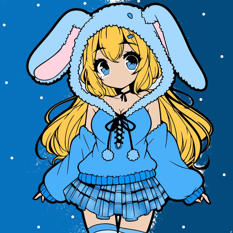 pretty anime girl wearing a fluffy hoodie with bunny ears on the hood and a skirt