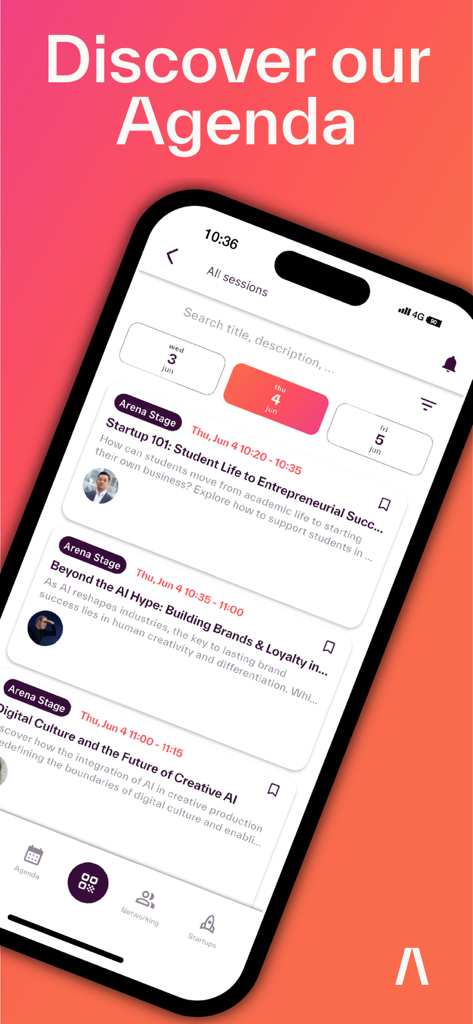 Interfaz de la app South Summit mostrando la agenda del evento con una lista de sesiones y ponentes en diferentes fechas.