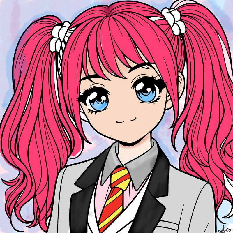 realistic girl with two ponytails and a suit on