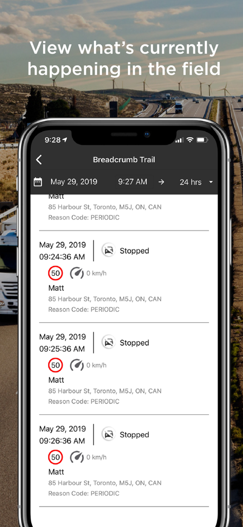 Fleet Complete app screen showing a breadcrumb trail with time stamped status and location logs for a field asset.