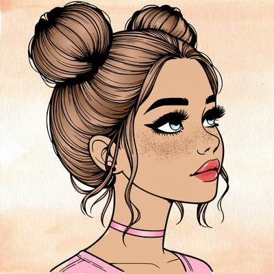 realistic girl with buns on the top of her head