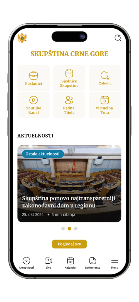 Skupština CG - Home screen of the Skupština CG mobile app featuring sections for MPs, sessions, and legislative news.