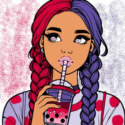 realistic girl with braided hair drinking boba