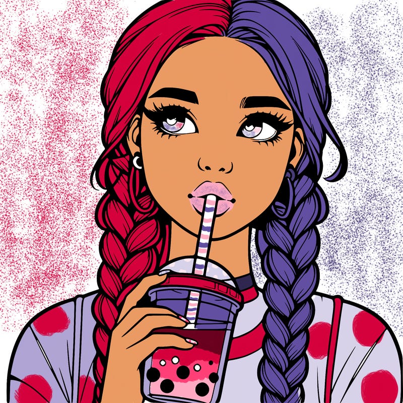realistic girl with braided hair drinking boba