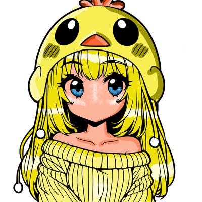 anime girl with chick shaped hat with sweater with bare shoulders with bangs covering them one eye with low tail