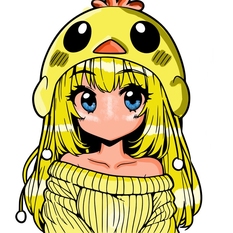 anime girl with chick shaped hat with sweater with bare shoulders with bangs covering them one eye with low tail