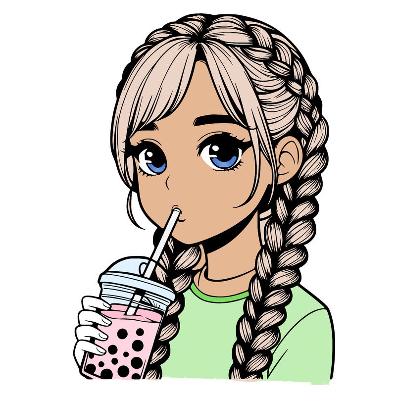 realistic girl with braided hair drinking boba