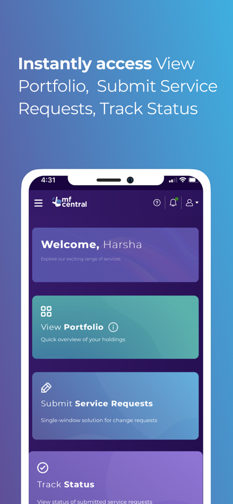 MFCentral app dashboard showing portfolio and service request options