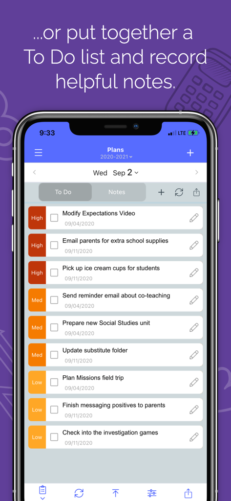 Planbook Mobile app showing a prioritized to-do list for teacher tasks