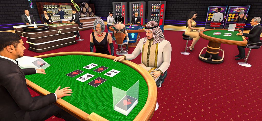 Casino Empire: Manager Games - Pessoas jogando pôquer em uma mesa verde em um luxuoso interior de cassino estilo Vegas com máquinas caça-níqueis.