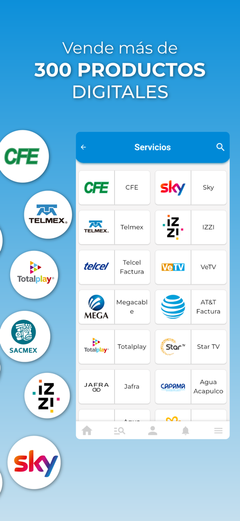 Pagaqui V2 - Pagaqui V2 interface showing a selection of over 300 digital products and service providers for payment