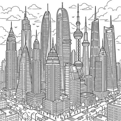 Embark on an urban adventure with this captivating coloring page featuring a magnificent skyline of supertall skyscrapers. Discover intricate architectural details and bustling city life waiting for your creative touch.