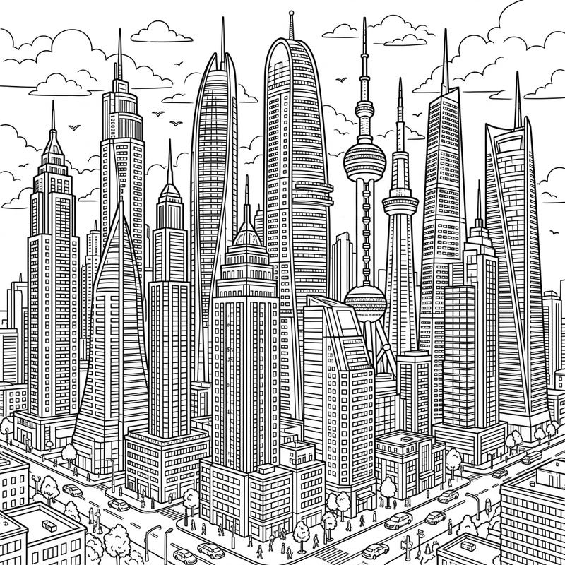 Embark on an urban adventure with this captivating coloring page featuring a magnificent skyline of supertall skyscrapers. Discover intricate architectural details and bustling city life waiting for your creative touch.