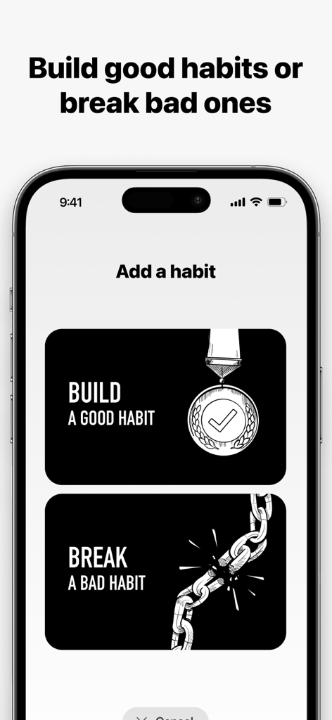 Solid Habits - Pantalla de la aplicación Solid Habits con botones para crear un buen hábito o romper uno malo