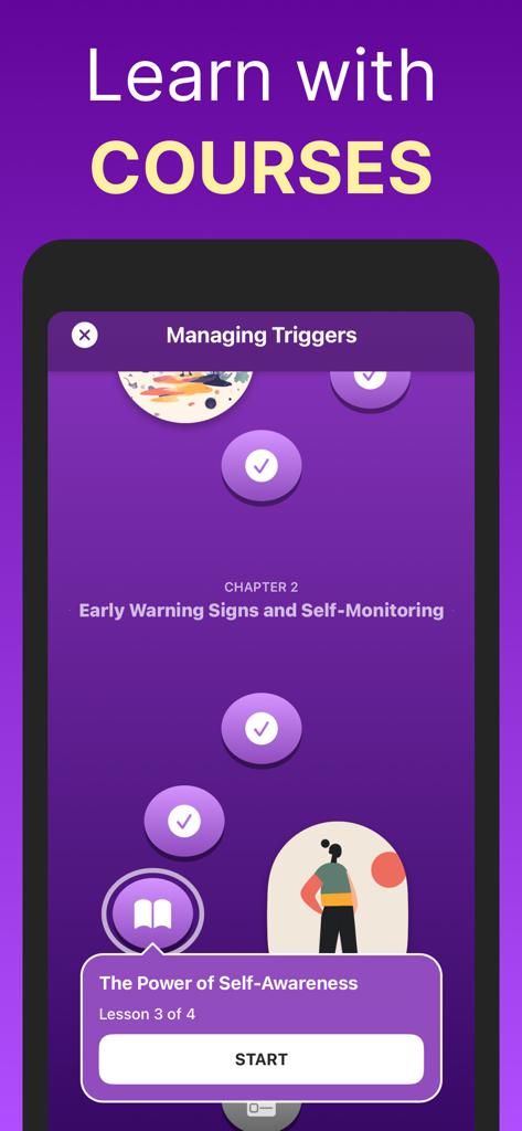 HarmLess: Self Harm Tracker - Interfaccia dell'app HarmLess che mostra un capitolo di un corso di recupero sulla gestione dei trigger e l'autoconsapevolezza.