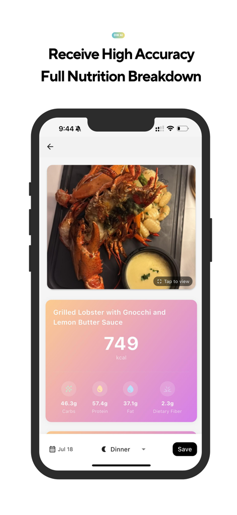 DineWell AI - DineWell AI app interface displaying detailed calorie and macro information for a restaurant meal.