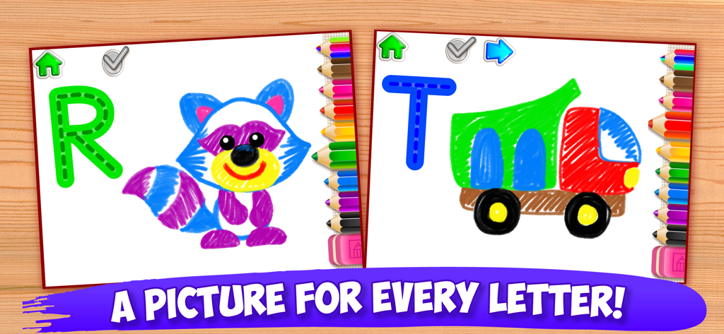 ABC Tracing Kids Drawing Games - Interfaz de la aplicación ABC Tracing que muestra un mapache colorido para la letra R y un camión para la letra T