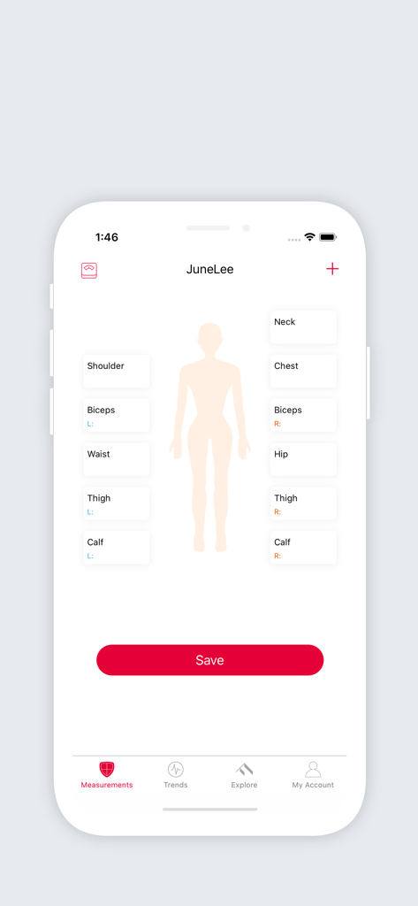 FITINDEX - FITINDEX app screen for manual input of body measurements like waist and biceps on a human silhouette