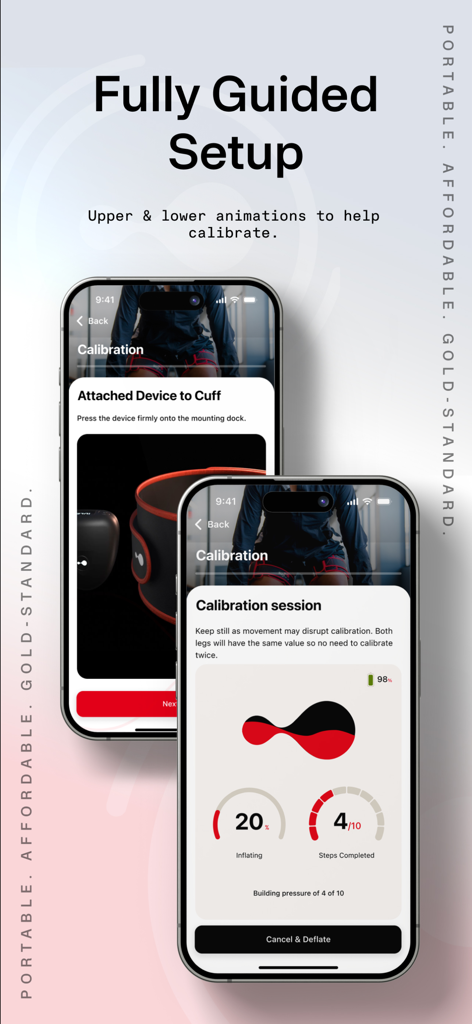 Guided device calibration and setup screens on the Suji Teams app interface.