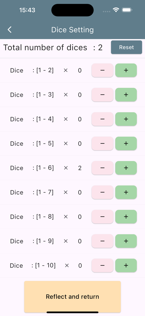 Smart Dice - Simple & Powerful - Smart Dice app settings screen showing customizable options for selecting various dice ranges and quantities