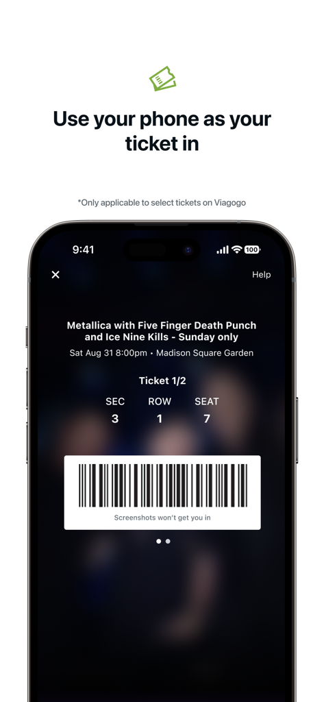 viagogo Tickets - Biglietto digitale per eventi con codice a barre visualizzato sullo schermo di uno smartphone per un concerto dei Metallica al Madison Square Garden