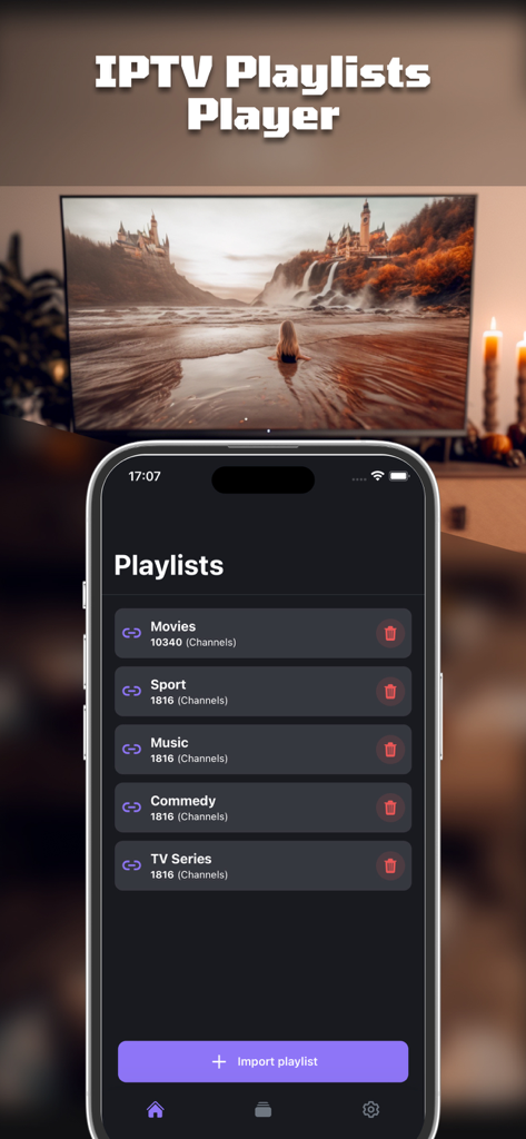 IPTV mega player - watchTV - Smartphone screen displaying organized IPTV playlists for movies sports and music