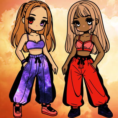 two girl's in crop top with baggy pants