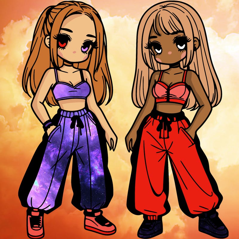 two girl's in crop top with baggy pants