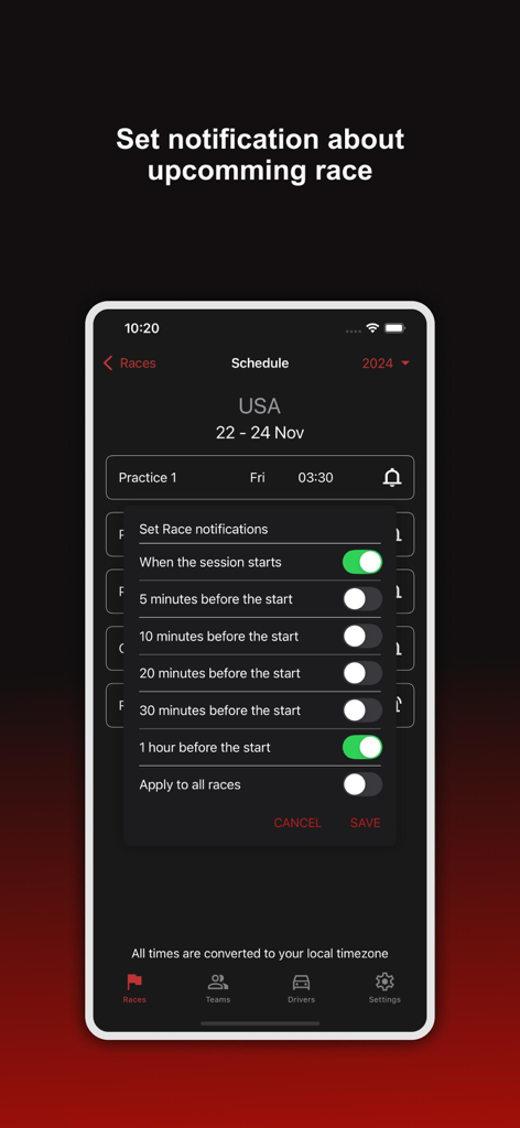 Oberfläche der Formula Calendar 2026 App, die anpassbare Benachrichtigungseinstellungen für Rennwochenenden zeigt