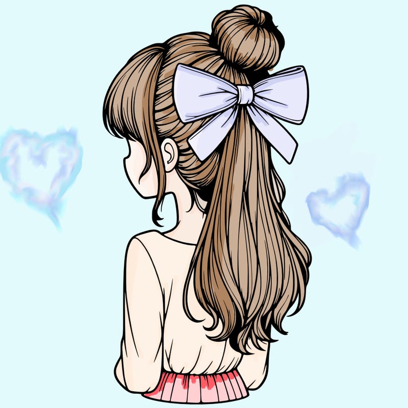realistic girl  with hip length hair a bun and a big bow on the back of head