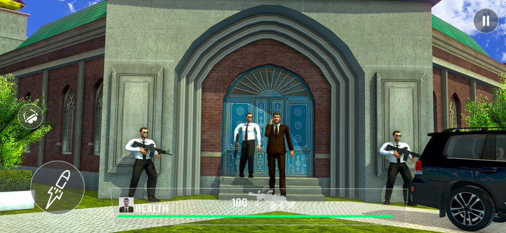 Vip Security Simulator Game - Armed security guards protecting a VIP billionaire character outside a building.