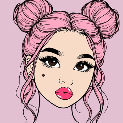 realistic girl with two buns on her hair and lips