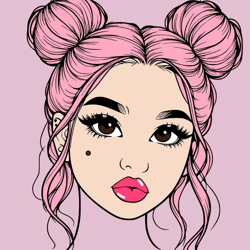 realistic girl with two buns on her hair and lips