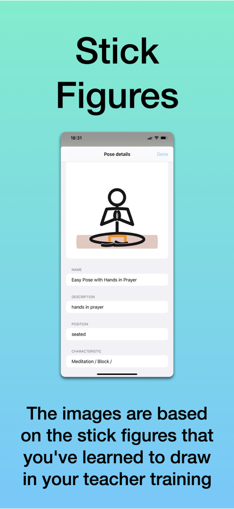 A screen from the Yoga Sequencing app showing a stick figure illustration of a yoga pose used for teacher training.
