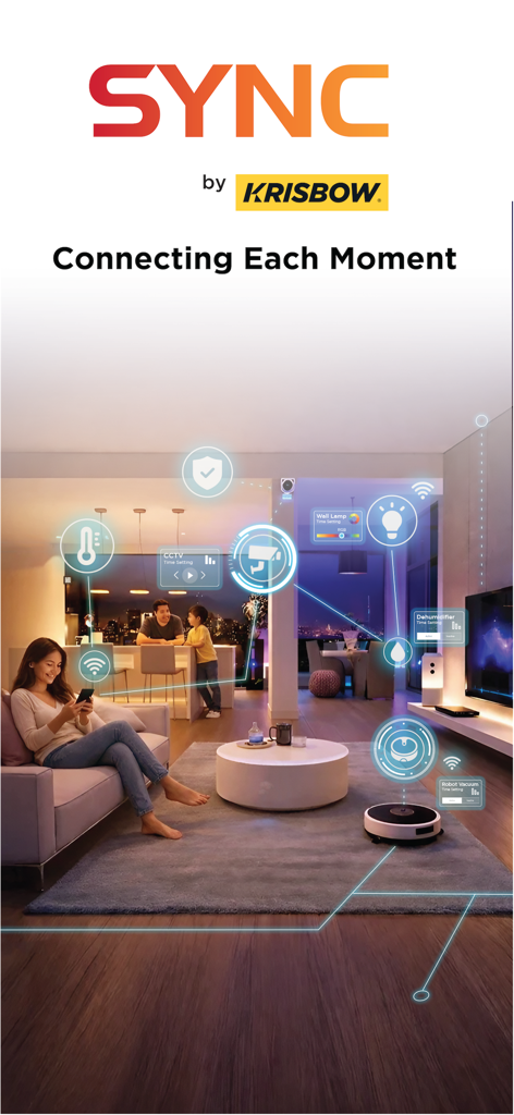 SYNC by Krisbow - Promotional graphic for SYNC by Krisbow app showcasing integrated smart home devices like security cameras and lighting in a modern living room