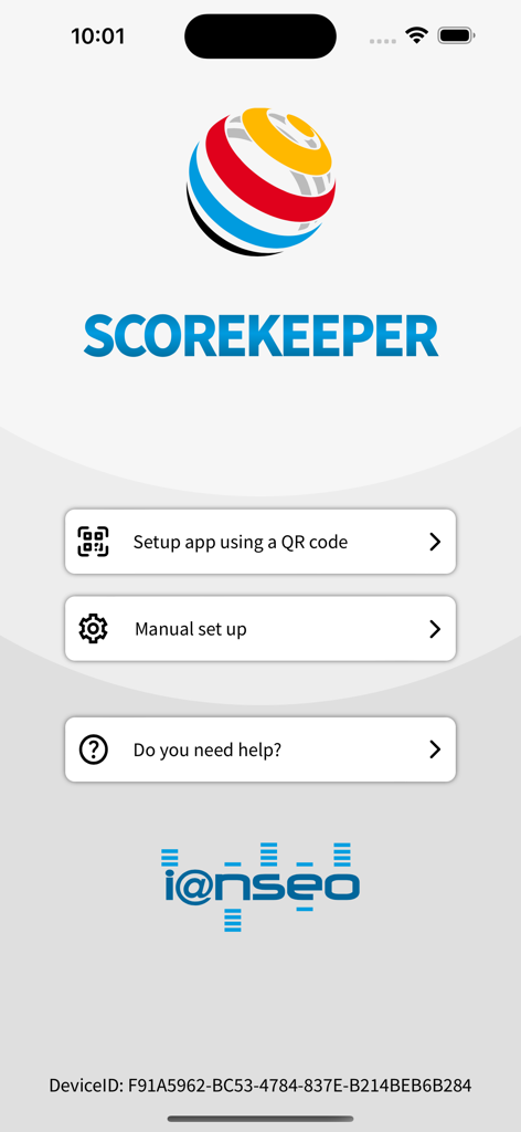 Ianseo Scorekeeper NG - Ianseo Scorekeeper NG app main menu showing options for QR code setup manual setup and help
