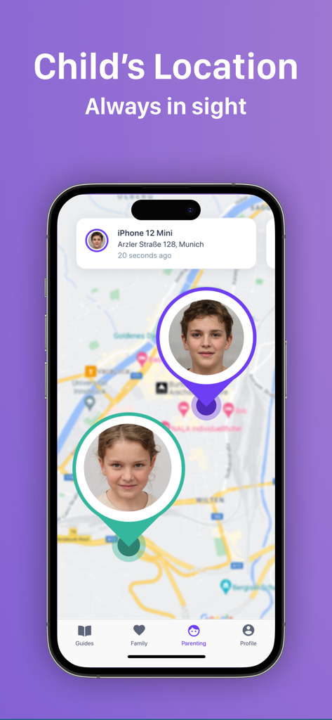 A smartphone screen displaying a map with real-time location tracking for children within the Ohana parental control app.