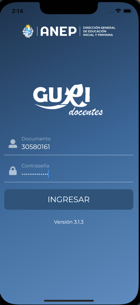 Guri Docentes - Login screen of the Guri Docentes mobile app for Uruguayan teachers showing input fields for document and password
