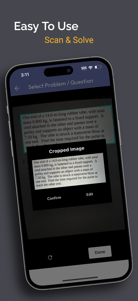 Physics Solver - Physics AI - A smartphone screen showing the scan and solve feature of the Physics Solver AI app cropping a textbook problem