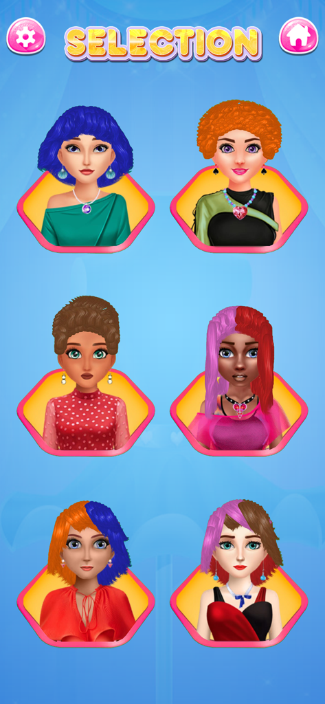 Hair Salon Games: Hair Spa - Tela de seleção de personagem com seis modelos no aplicativo Jogos de Salão de Beleza Spa Capilar