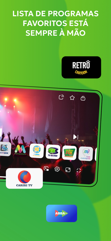 Interface showing favorite Brazilian TV channels on a mobile screen