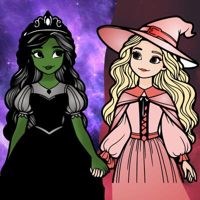 a princess and a witch holding hands realistic