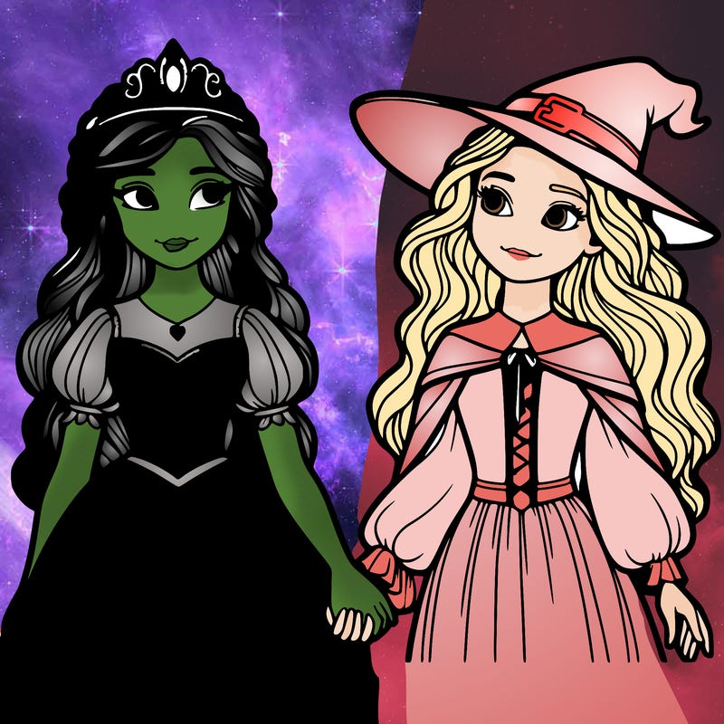 a princess and a witch holding hands realistic
