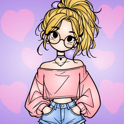 girl with a messy ponytail glasses a baggy crop top and jean shorts