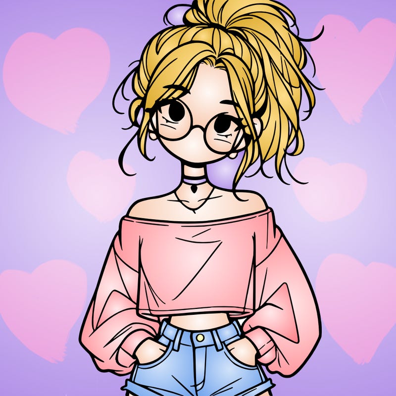 girl with a messy ponytail glasses a baggy crop top and jean shorts