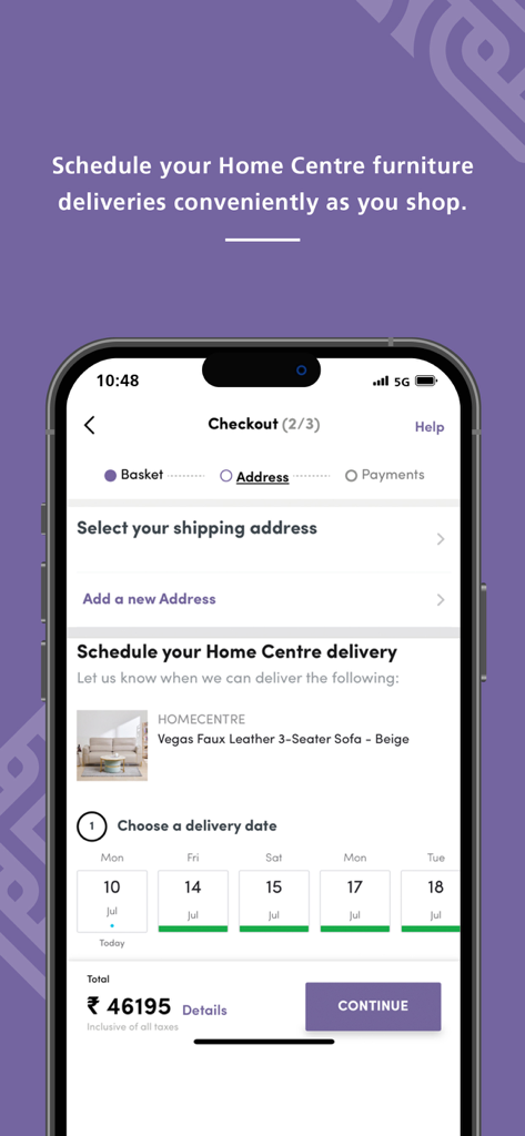 Checkout screen of the Home Centre India app showing the furniture delivery scheduling feature for a sofa purchase