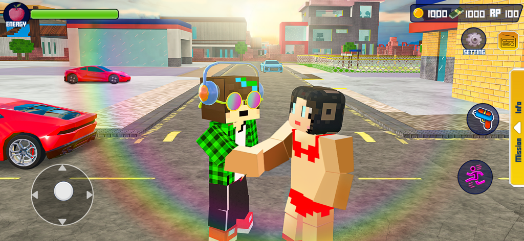 Block Party Fun World - Two pixel characters standing on a city street with red sports cars and a rainbow trail in Block Party Fun World