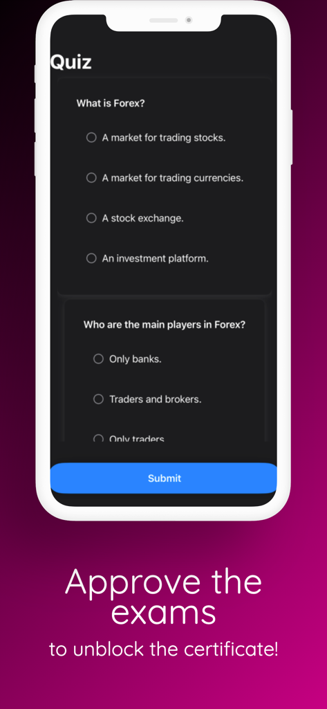 Forex Trading - Tutorial Guide - Captura de pantalla de una aplicación móvil que muestra un cuestionario de trading de Forex para desbloquear un certificado